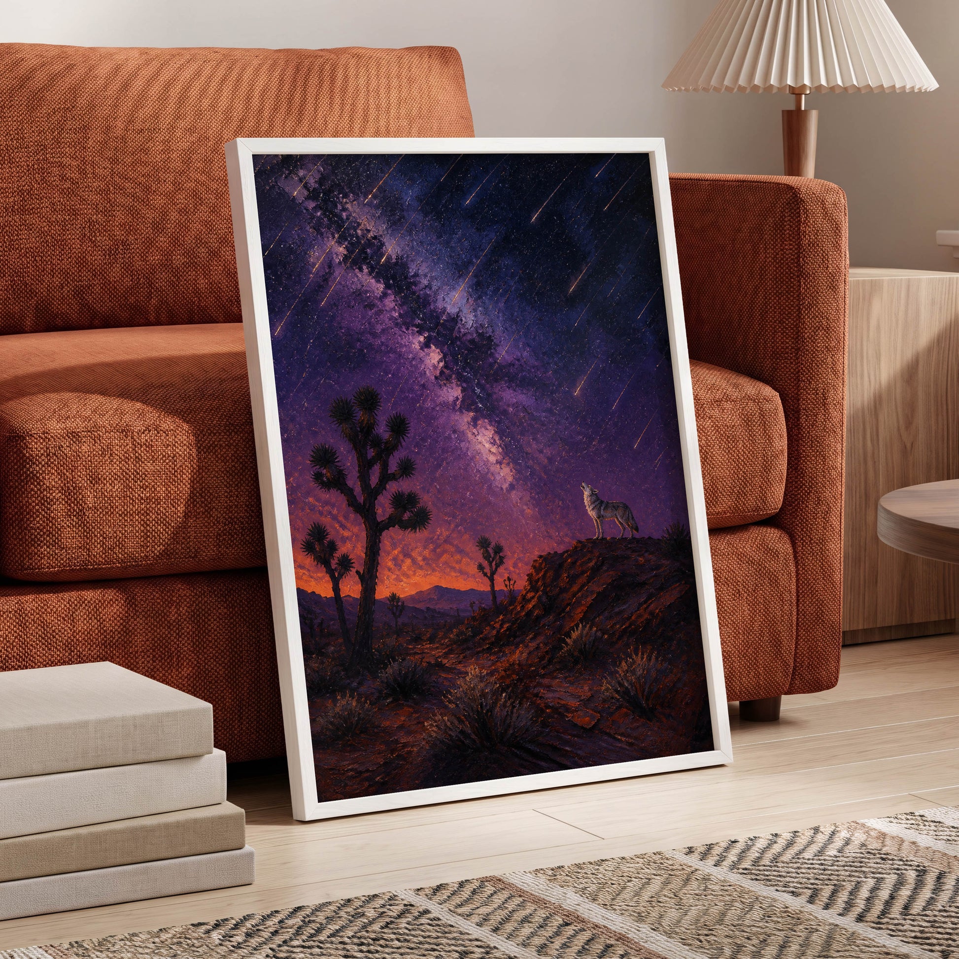 Howl Beneath Falling Stars, purple, blue, orange nature wall art displayed in a styled interior, gallery view 6
