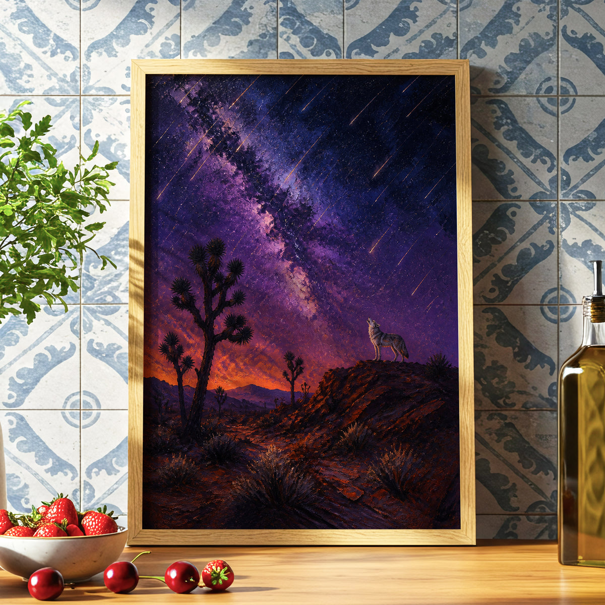 Howl Beneath Falling Stars, purple, blue, orange nature wall art displayed in a styled interior, gallery view 6