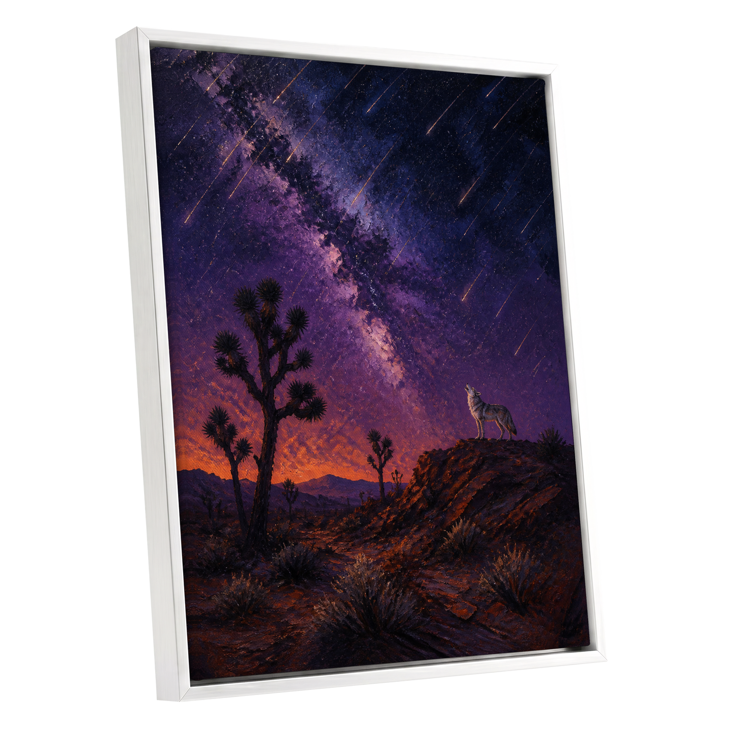 Howl Beneath Falling Stars, purple, blue, orange nature wall art shown as a white framed canvas wall art