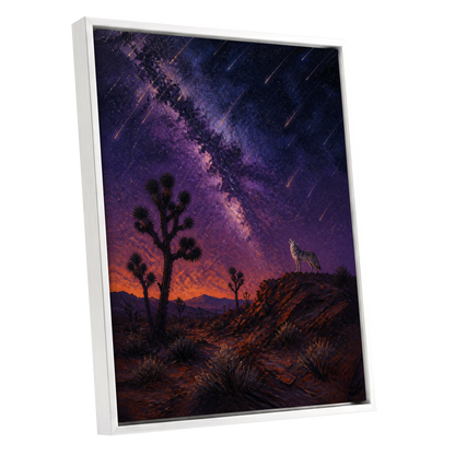 Howl Beneath Falling Stars, purple, blue, orange nature wall art shown as a white framed canvas wall art