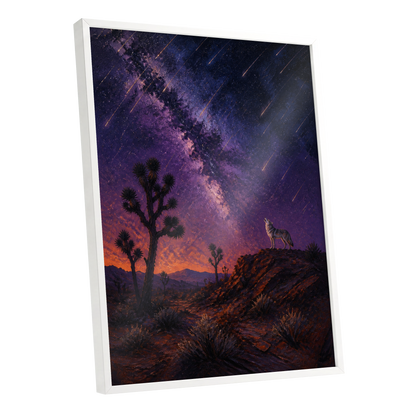 Howl Beneath Falling Stars, purple, blue, orange nature wall art shown as a white framed poster wall art print