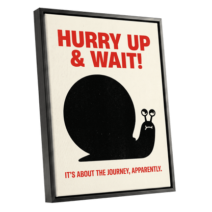 Hurry Up, Little Snail, black, beige, red minimalist wall art shown as a black framed canvas wall art