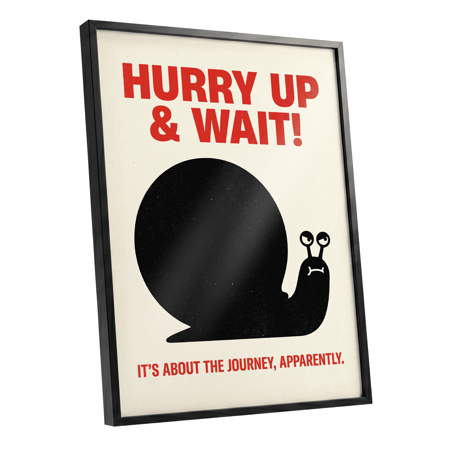 Hurry Up, Little Snail, black, beige, red minimalist wall art shown as a black framed poster wall art print