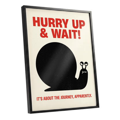 Hurry Up, Little Snail, black, beige, red minimalist wall art shown as a black framed poster wall art print