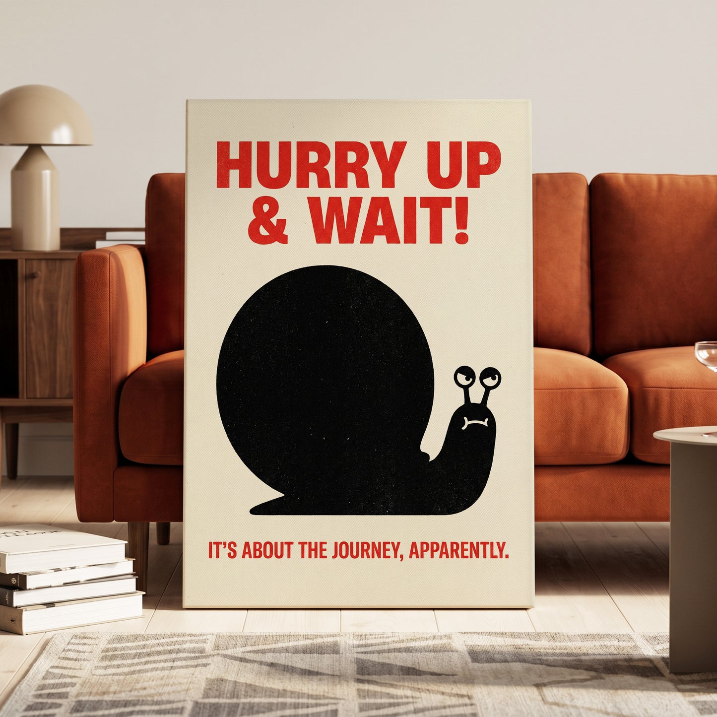 Hurry Up, Little Snail, black, beige, red minimalist wall art on canvas displayed in a styled interior, gallery view 1