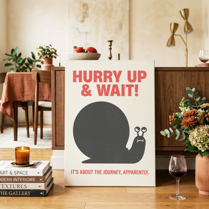 Hurry Up, Little Snail, black, beige, red minimalist wall art on canvas displayed in a styled interior, gallery view 2
