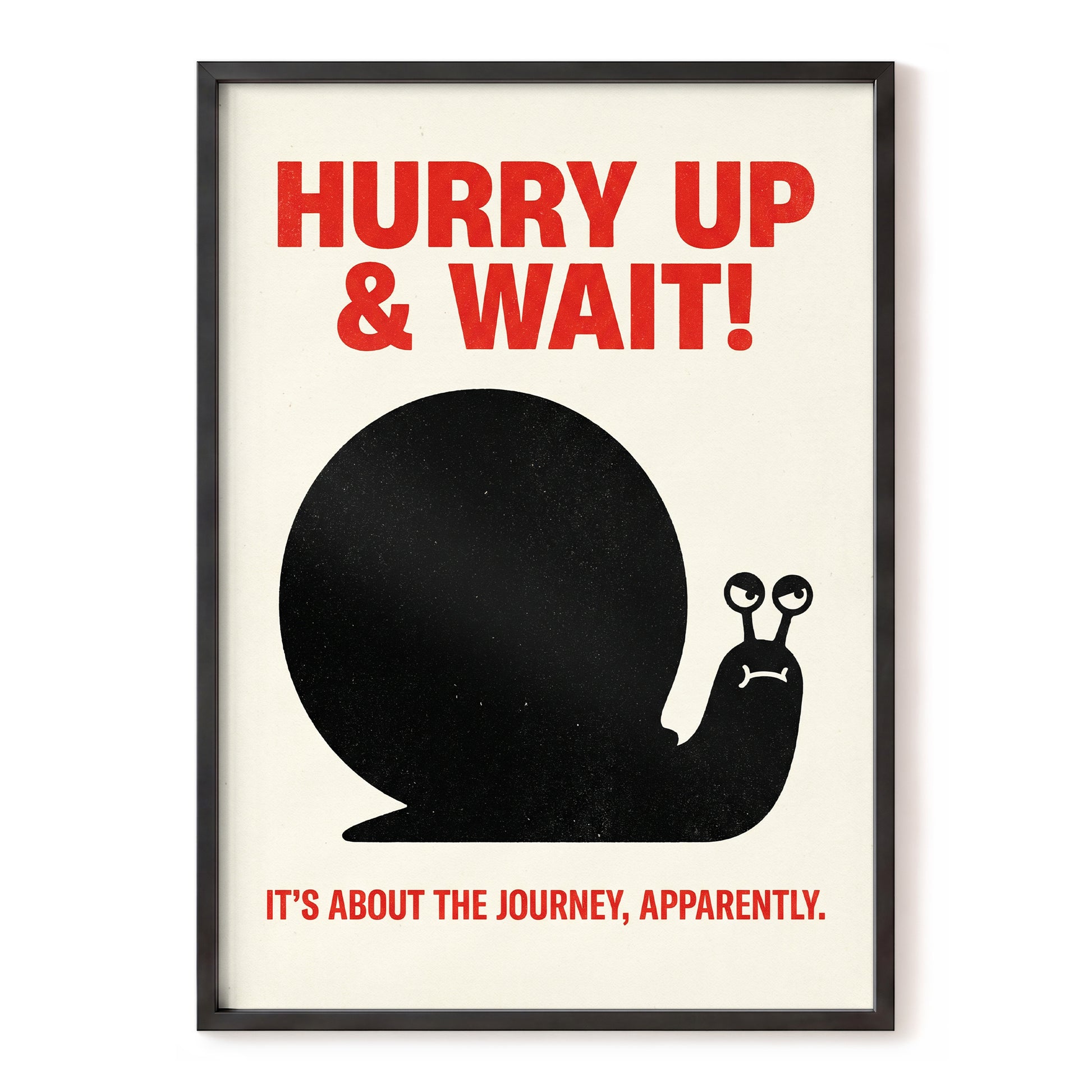 Hurry Up, Little Snail, black, beige, red minimalist wall art, front artwork view