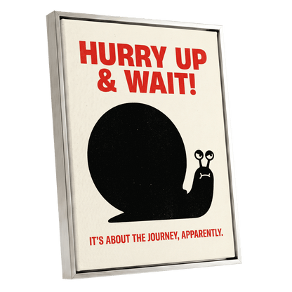 Hurry Up, Little Snail, black, beige, red minimalist wall art shown as a silver framed canvas wall art