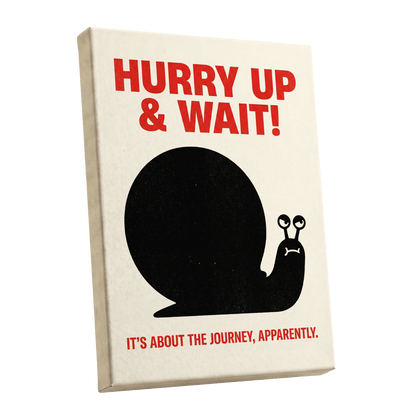 Hurry Up, Little Snail, black, beige, red minimalist wall art shown as a stretched canvas wall art