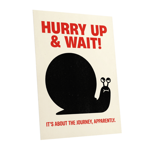 Hurry Up, Little Snail, black, beige, red minimalist wall art shown as a unframed poster wall art print