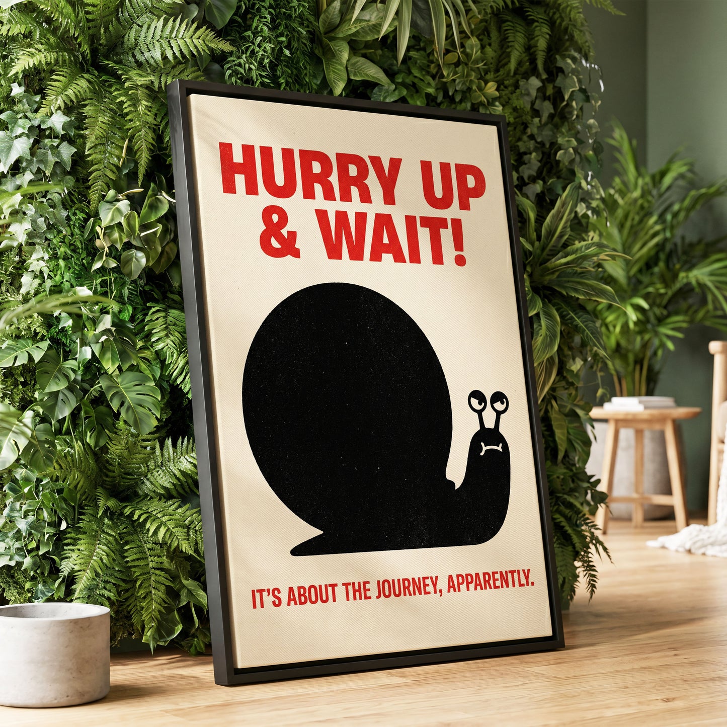 Hurry Up, Little Snail, black, beige, red minimalist wall art displayed in a styled interior, gallery view 1