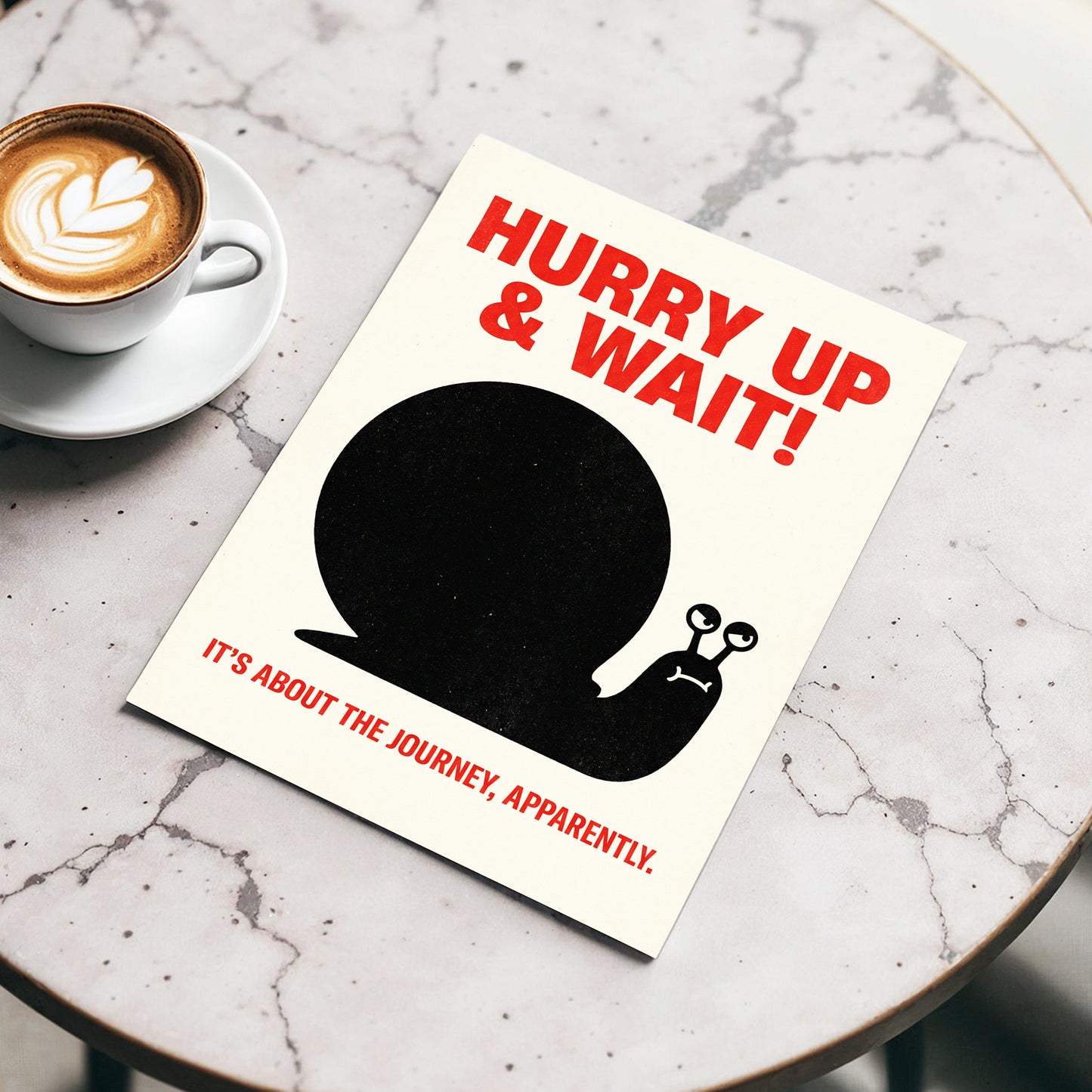 Hurry Up, Little Snail, black, beige, red minimalist wall art displayed in a styled interior, gallery view 3