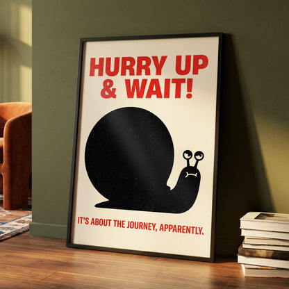 Hurry Up, Little Snail, black, beige, red minimalist wall art displayed in a styled interior, gallery view 4