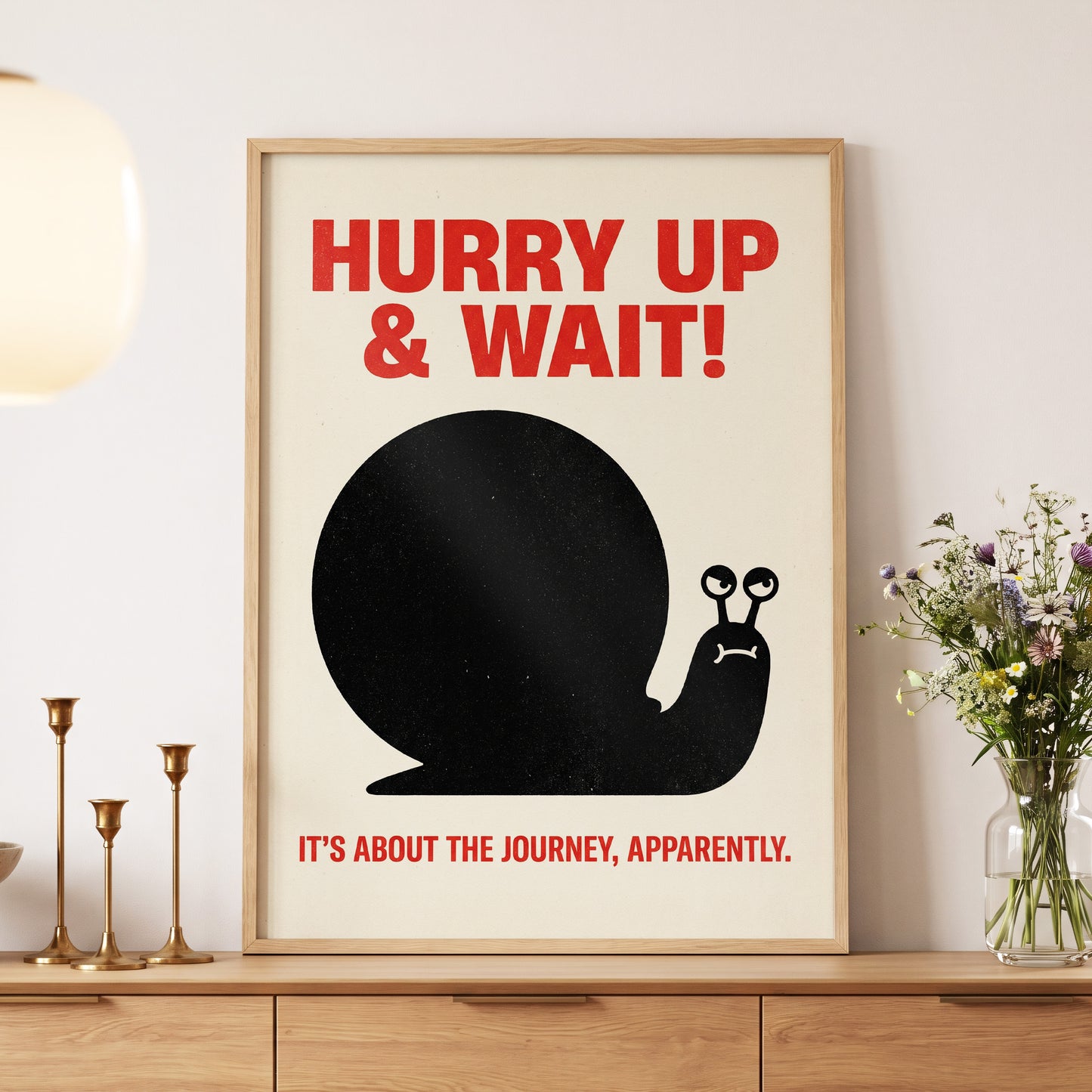 Hurry Up, Little Snail, black, beige, red minimalist wall art displayed in a styled interior, gallery view 5