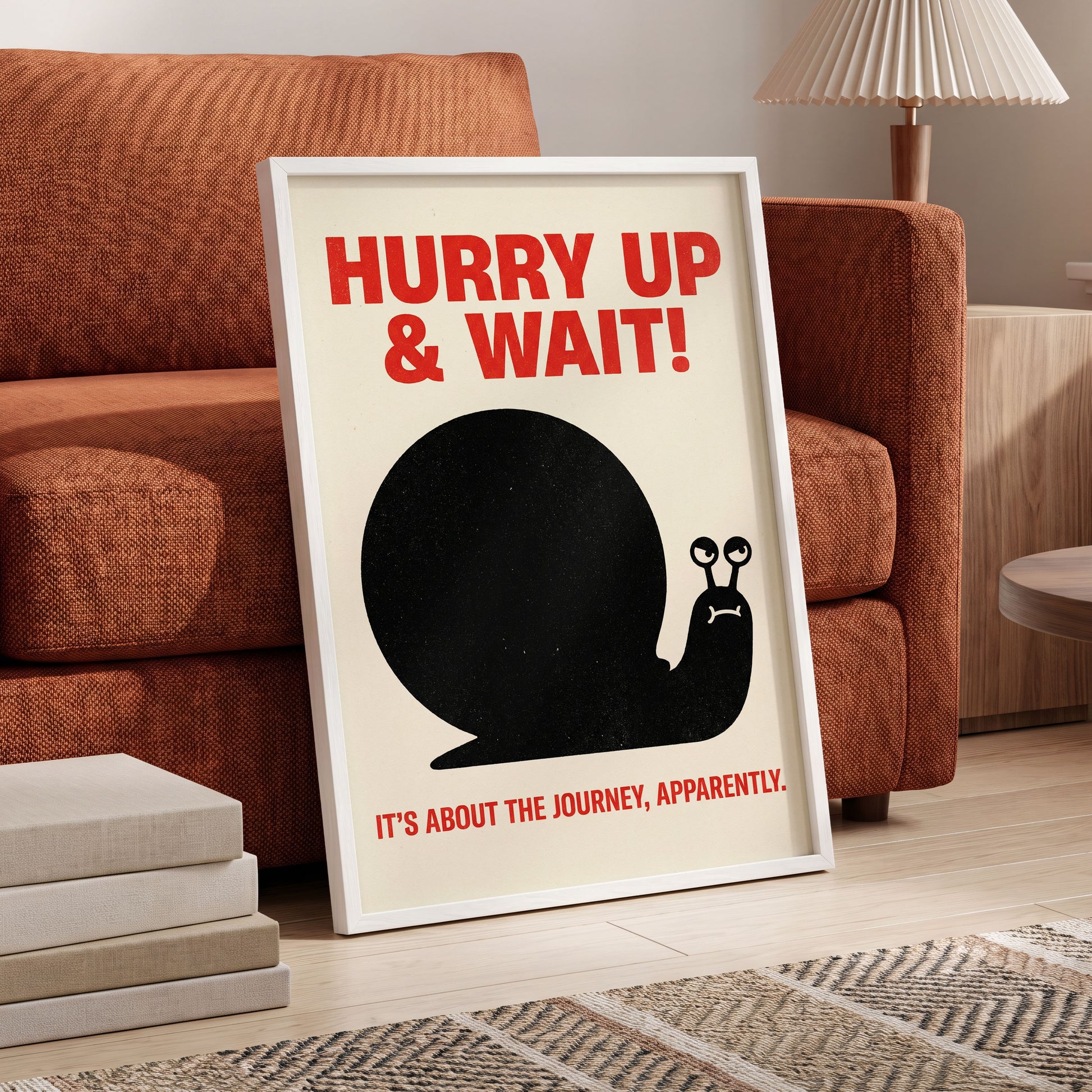 Hurry Up, Little Snail, black, beige, red minimalist wall art displayed in a styled interior, gallery view 6