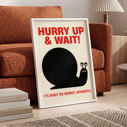 Hurry Up, Little Snail, black, beige, red minimalist wall art displayed in a styled interior, gallery view 6