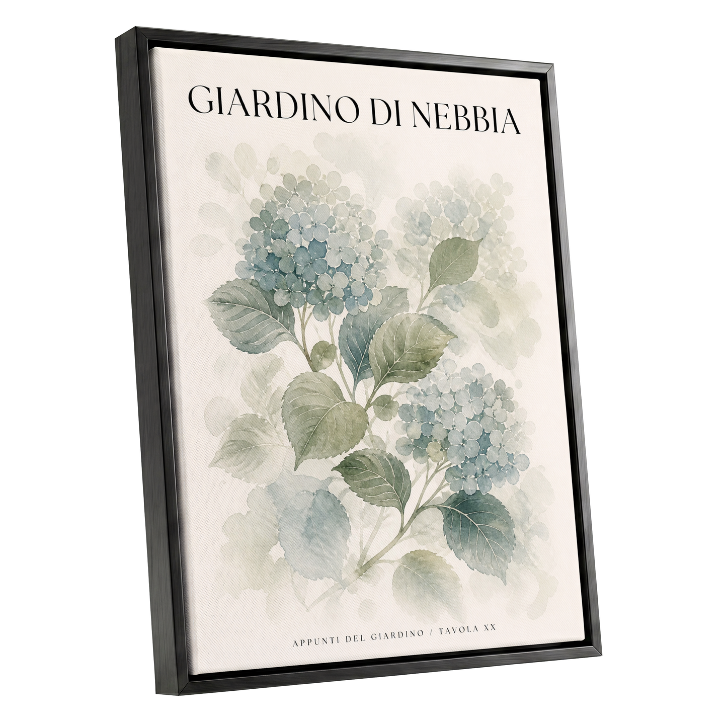 Hydrangeas in the Mist, blue, green, beige floral wall art shown as a black framed canvas wall art