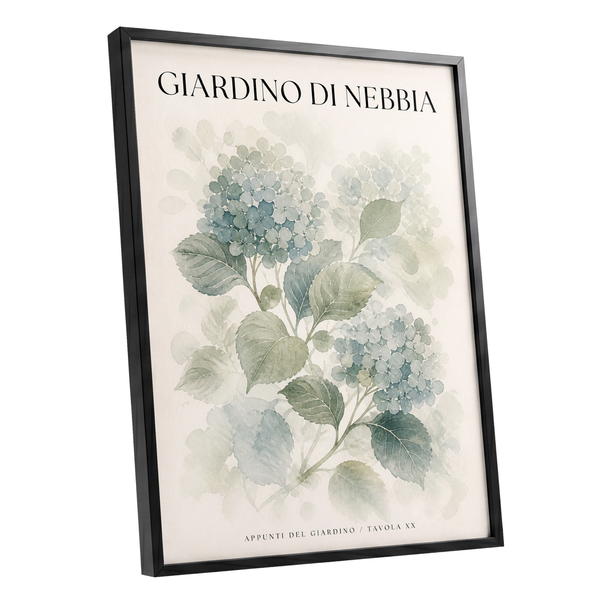 Hydrangeas in the Mist, blue, green, beige floral wall art shown as a black framed poster wall art print