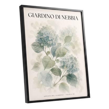 Hydrangeas in the Mist, blue, green, beige floral wall art shown as a black framed poster wall art print