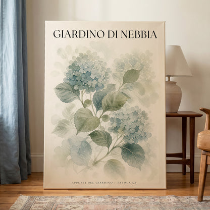 Hydrangeas in the Mist, blue, green, beige floral wall art on canvas displayed in a styled interior, gallery view 1