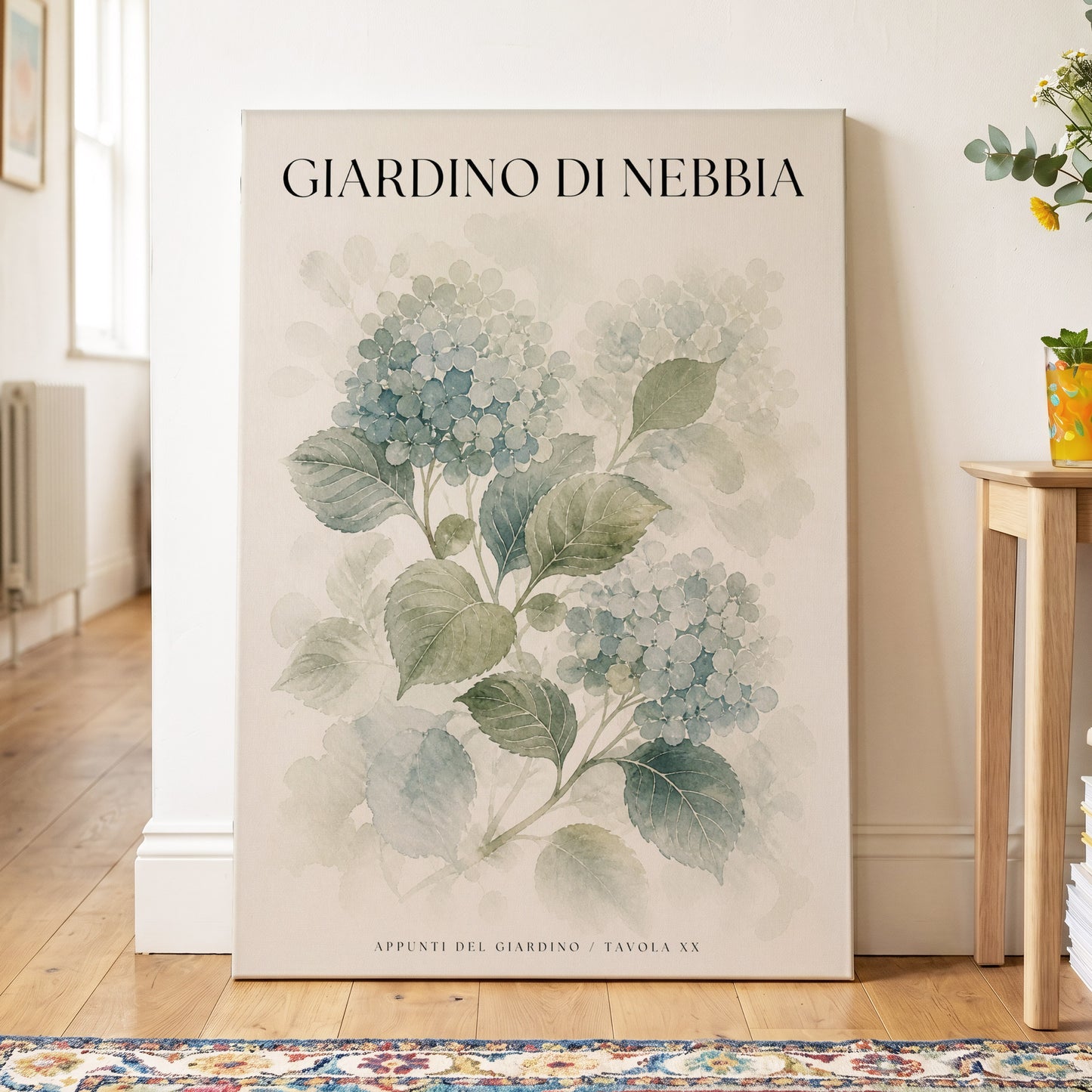 Hydrangeas in the Mist, blue, green, beige floral wall art on canvas displayed in a styled interior, gallery view 2