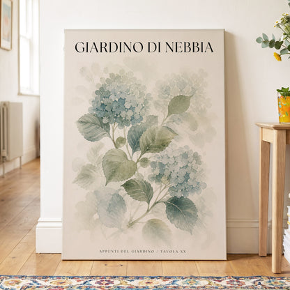 Hydrangeas in the Mist, blue, green, beige floral wall art on canvas displayed in a styled interior, gallery view 2