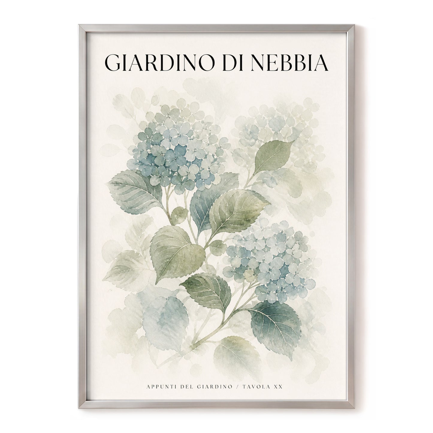Hydrangeas in the Mist, blue, green, beige floral wall art, front artwork view