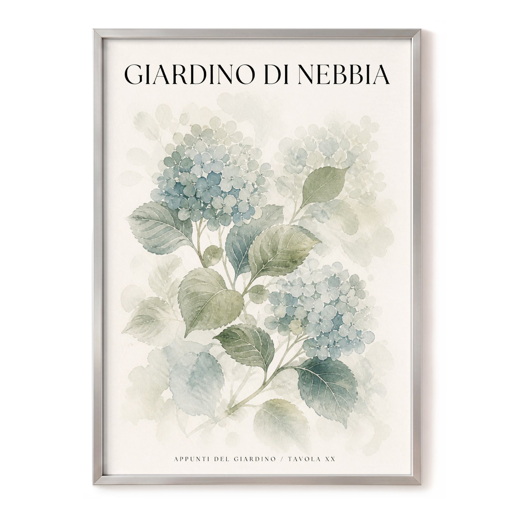 Hydrangeas in the Mist, blue, green, beige floral wall art, front artwork view