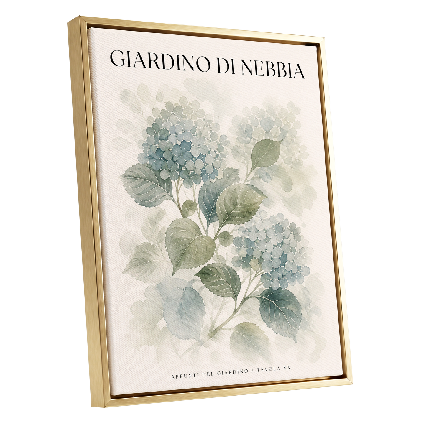 Hydrangeas in the Mist, blue, green, beige floral wall art shown as a gold framed canvas wall art