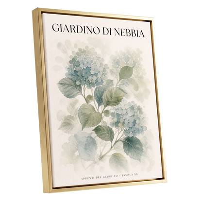 Hydrangeas in the Mist, blue, green, beige floral wall art shown as a gold framed canvas wall art