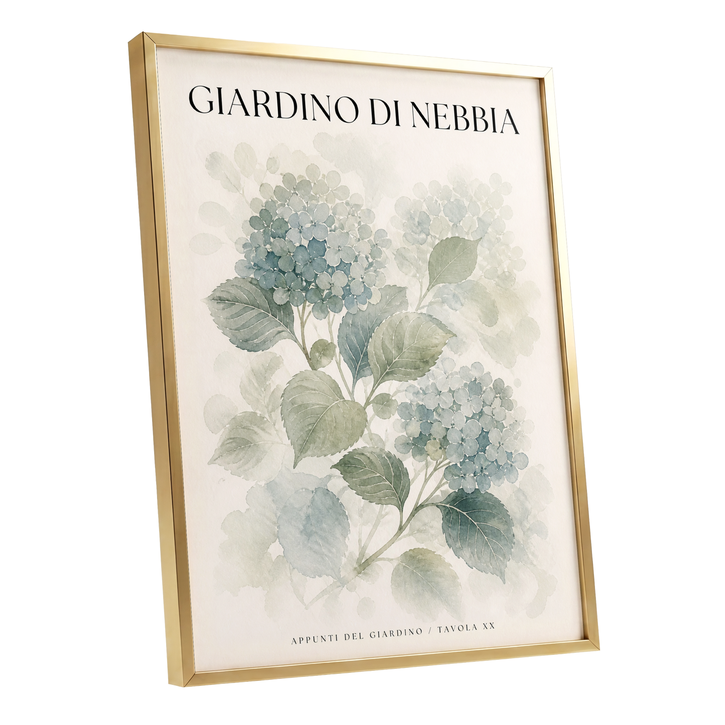 Hydrangeas in the Mist, blue, green, beige floral wall art shown as a gold framed poster wall art print