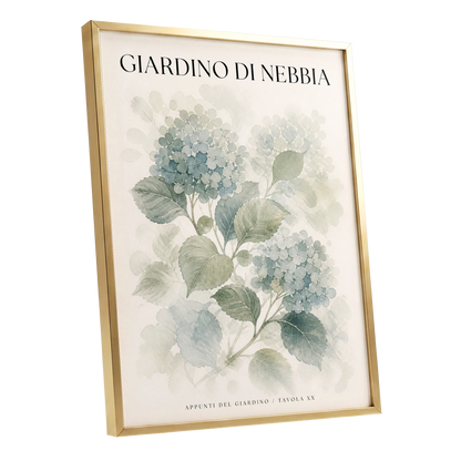 Hydrangeas in the Mist, blue, green, beige floral wall art shown as a gold framed poster wall art print