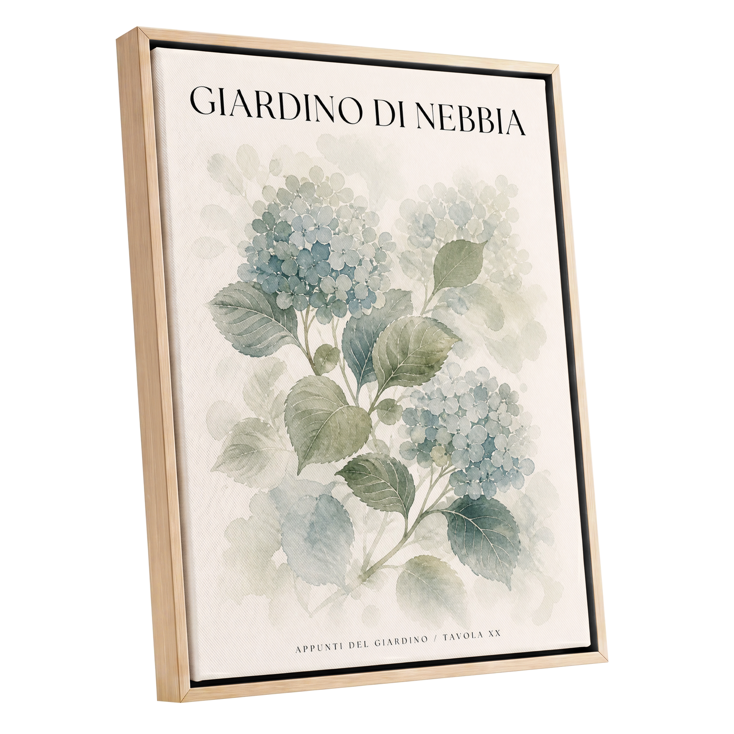Hydrangeas in the Mist, blue, green, beige floral wall art shown as a oak framed canvas wall art