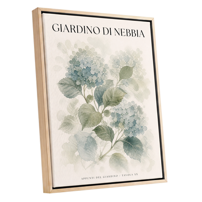 Hydrangeas in the Mist, blue, green, beige floral wall art shown as a oak framed canvas wall art
