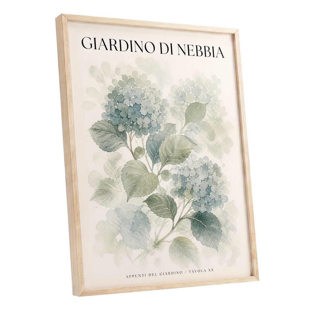 Hydrangeas in the Mist, blue, green, beige floral wall art shown as a oak framed poster wall art print