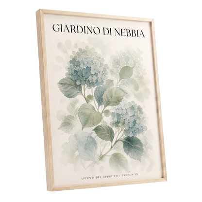 Hydrangeas in the Mist, blue, green, beige floral wall art shown as a oak framed poster wall art print