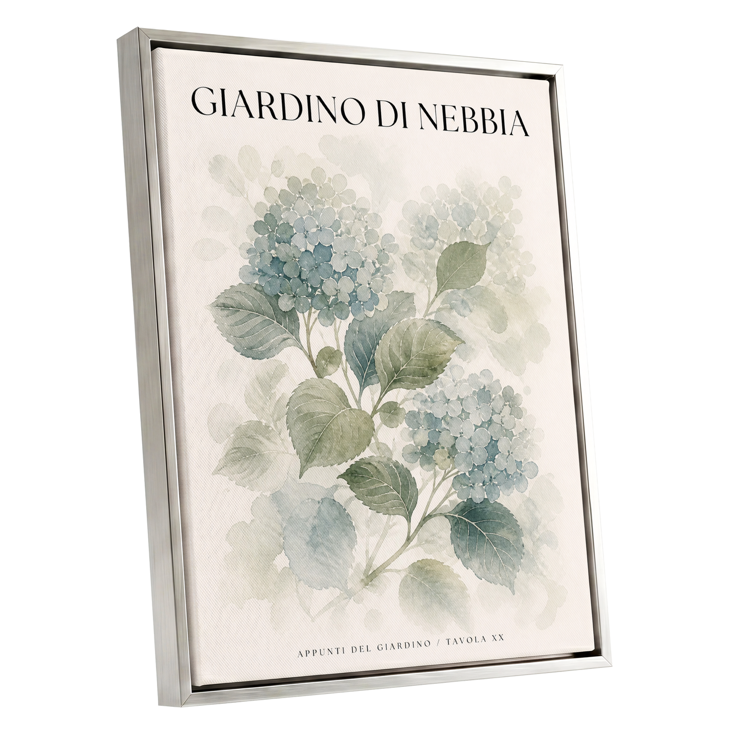 Hydrangeas in the Mist, blue, green, beige floral wall art shown as a silver framed canvas wall art