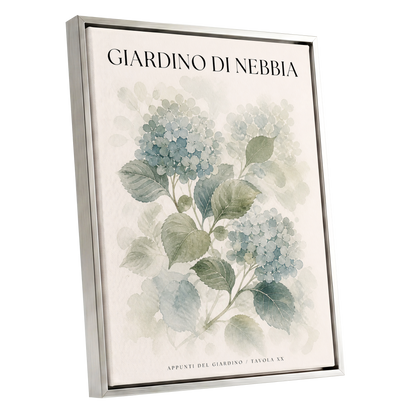 Hydrangeas in the Mist, blue, green, beige floral wall art shown as a silver framed canvas wall art