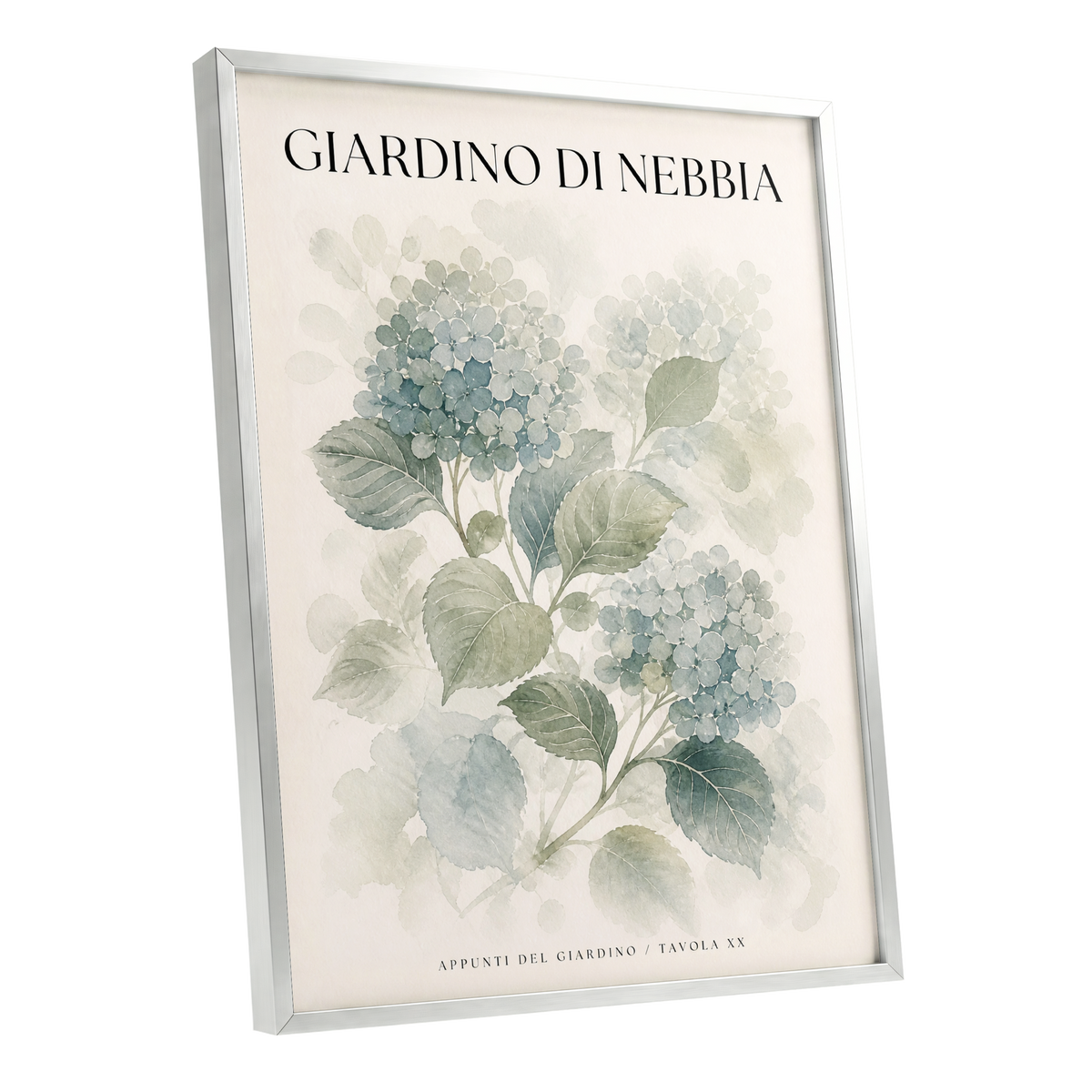 Hydrangeas in the Mist, blue, green, beige floral wall art shown as a silver framed poster wall art print