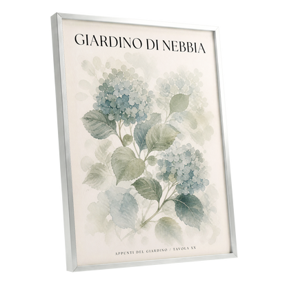 Hydrangeas in the Mist, blue, green, beige floral wall art shown as a silver framed poster wall art print