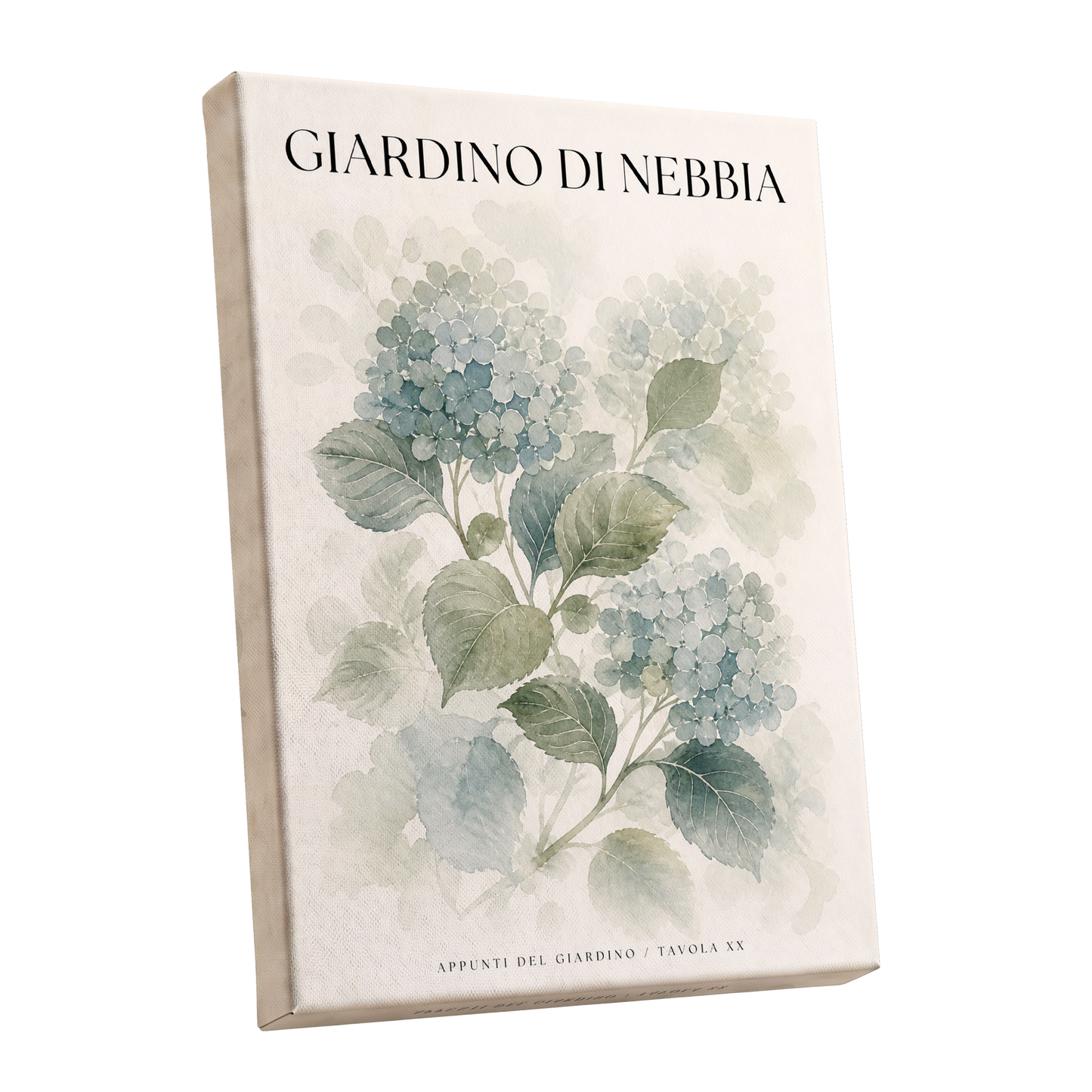 Hydrangeas in the Mist, blue, green, beige floral wall art shown as a stretched canvas wall art