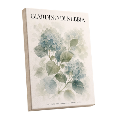 Hydrangeas in the Mist, blue, green, beige floral wall art shown as a stretched canvas wall art