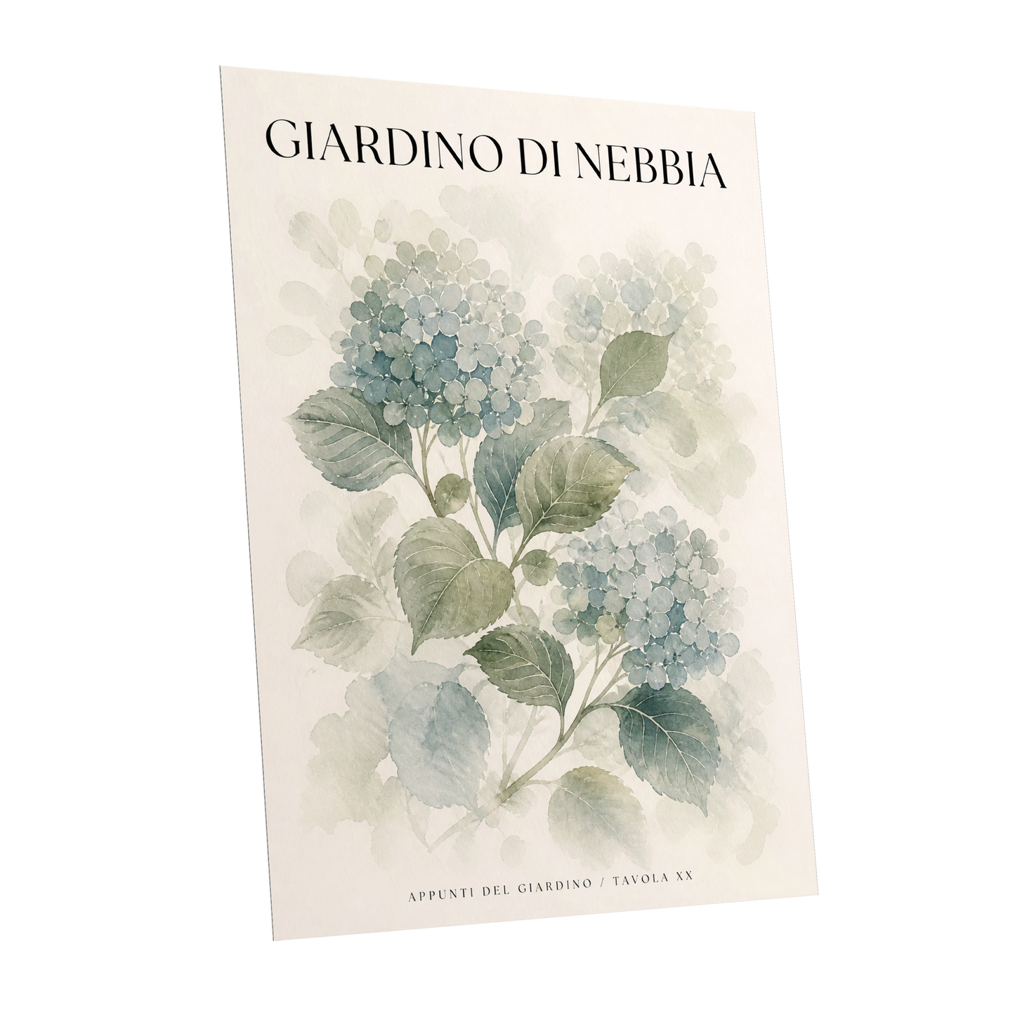 Hydrangeas in the Mist, blue, green, beige floral wall art shown as a unframed poster wall art print