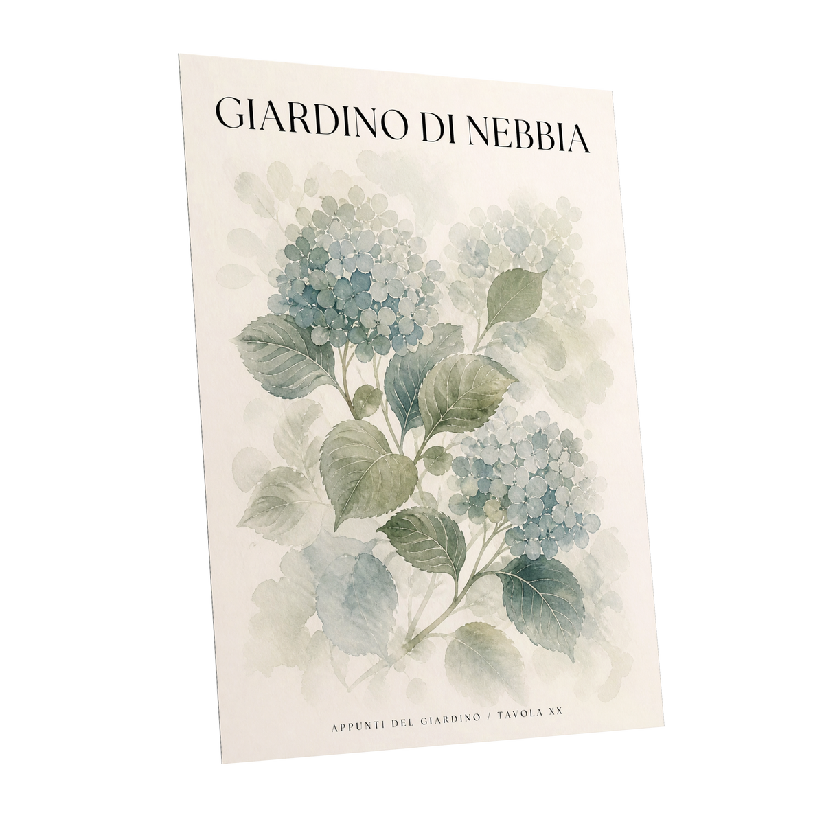 Hydrangeas in the Mist, blue, green, beige floral wall art shown as a unframed poster wall art print