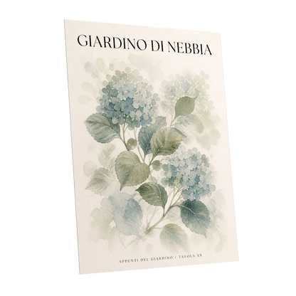 Hydrangeas in the Mist, blue, green, beige floral wall art shown as a unframed poster wall art print