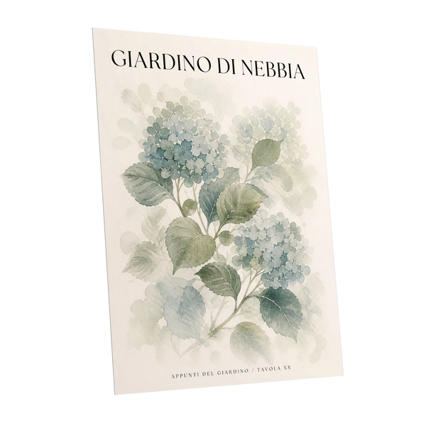 Hydrangeas in the Mist, blue, green, beige floral wall art shown as a unframed poster wall art print