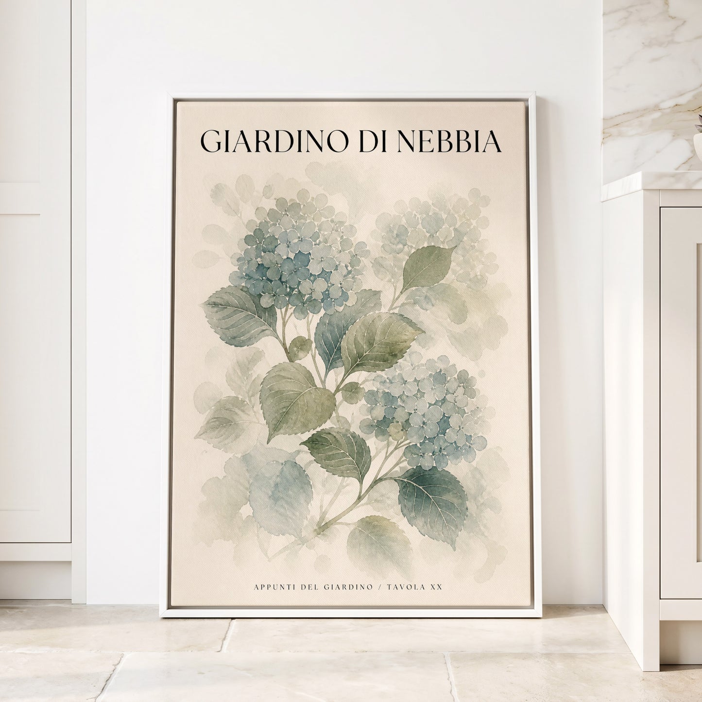 Hydrangeas in the Mist, blue, green, beige floral wall art displayed in a styled interior, gallery view 1