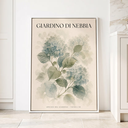 Hydrangeas in the Mist, blue, green, beige floral wall art displayed in a styled interior, gallery view 1