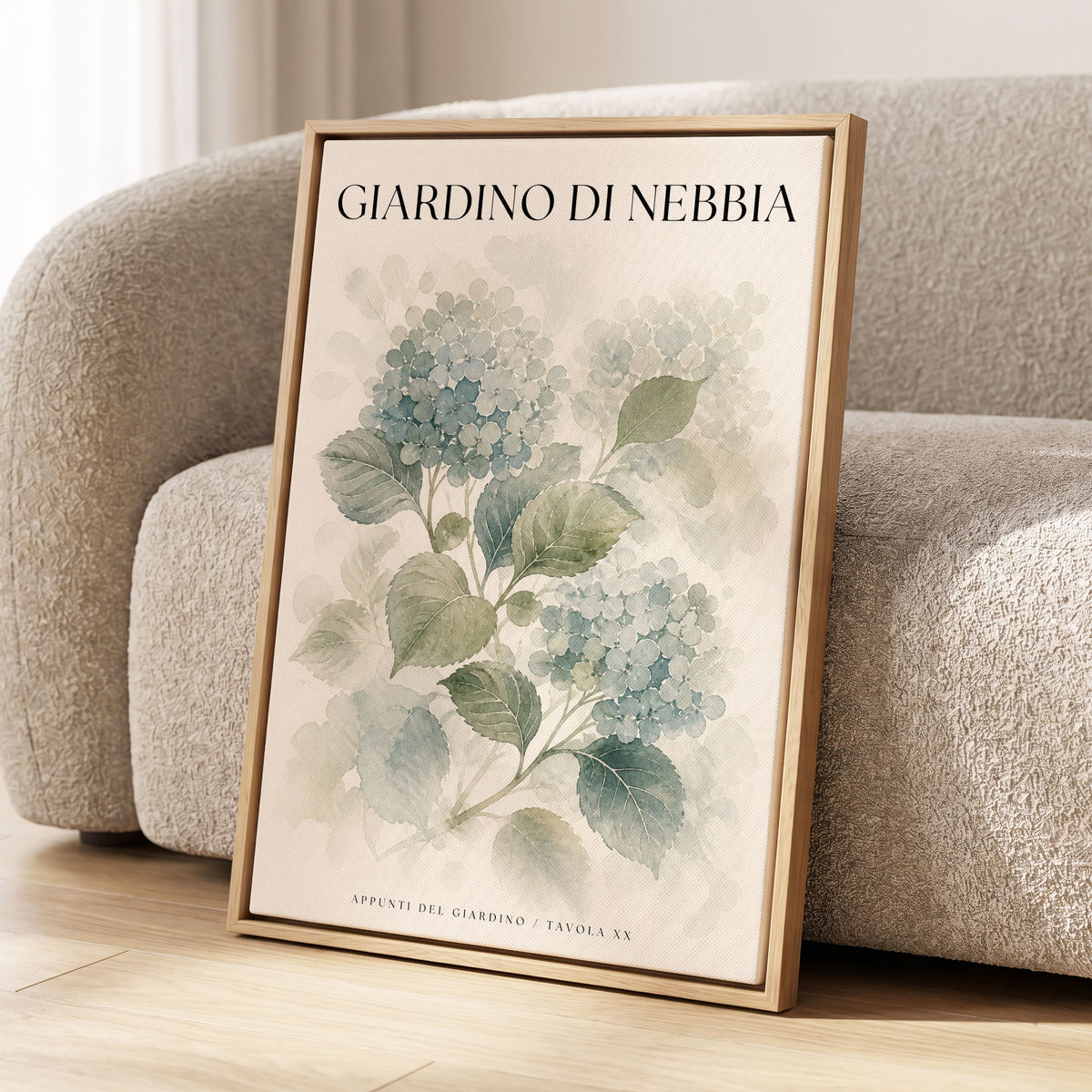 Hydrangeas in the Mist, blue, green, beige floral wall art displayed in a styled interior, gallery view 2
