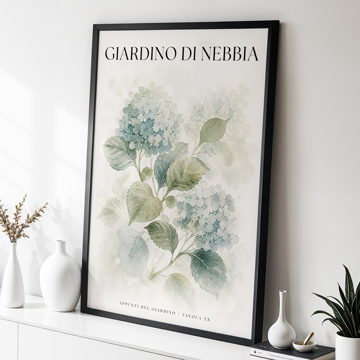 Hydrangeas in the Mist, blue, green, beige floral wall art displayed in a styled interior, gallery view 3